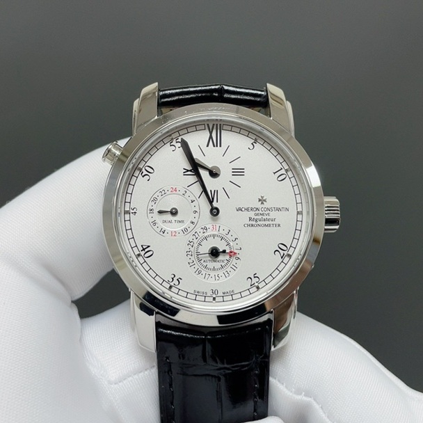 Vacheron Constantin Automatic Watch, White Dial Roman Numeral Stainless Steel Case Leather Strap