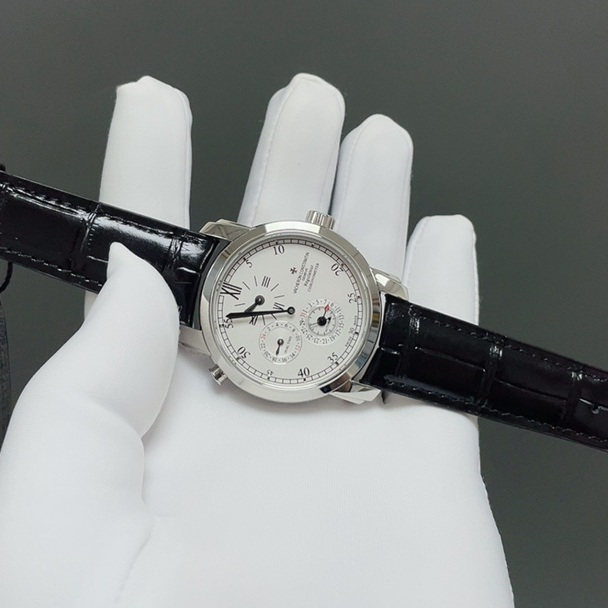 Vacheron Constantin Automatic Watch, White Dial Roman Numeral Stainless Steel Case Leather Strap