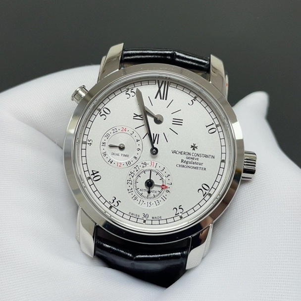 Vacheron Constantin Automatic Watch, White Dial Roman Numeral Stainless Steel Case Leather Strap