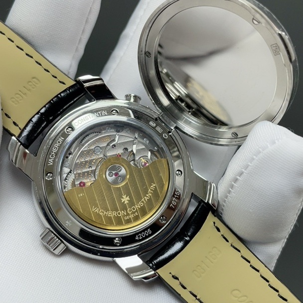 Vacheron Constantin Automatic Watch, White Dial Roman Numeral Stainless Steel Case Leather Strap