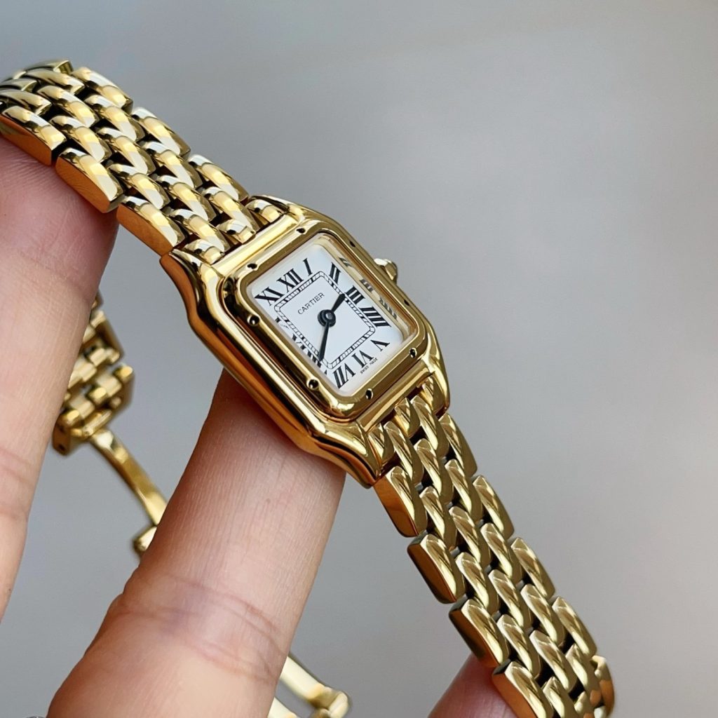 Cartier Panthère Style Quartz Watch, White Dial Roman Numeral Yellow Gold Case Metal Bracelet 30m