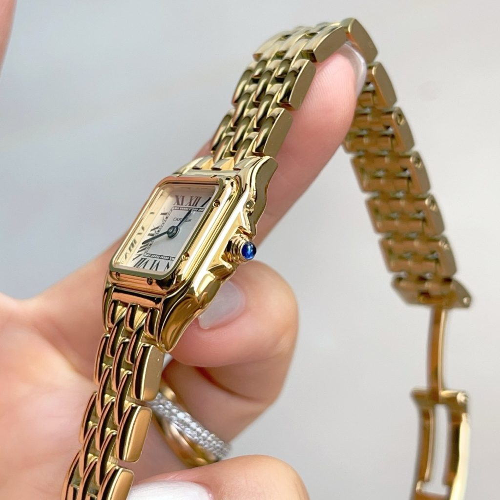 Cartier Panthère Style Quartz Watch, White Dial Roman Numeral Yellow Gold Case Metal Bracelet 30m