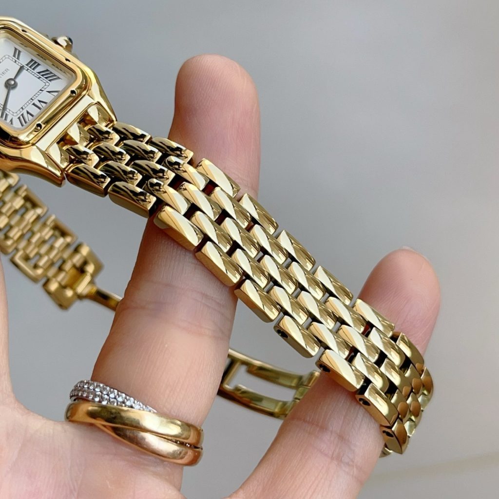 Cartier Panthère Style Quartz Watch, White Dial Roman Numeral Yellow Gold Case Metal Bracelet 30m