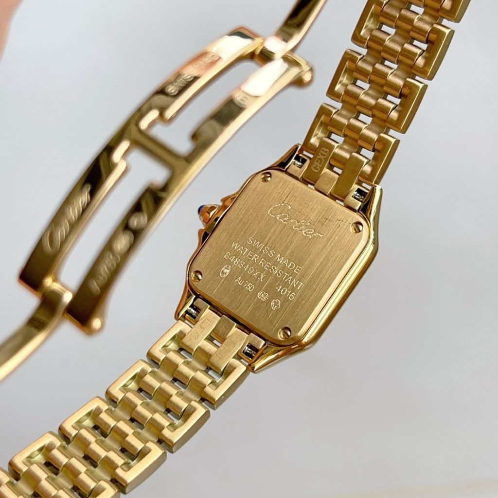 Cartier Panthère Style Quartz Watch, White Dial Roman Numeral Yellow Gold Case Metal Bracelet 30m