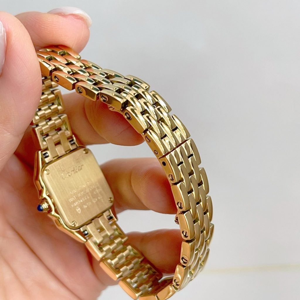 Cartier Panthère Style Quartz Watch, White Dial Roman Numeral Yellow Gold Case Metal Bracelet 30m