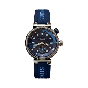 Louis Vuitton Tambour Style Automatic Watch, Blue Dial Stainless Steel Case Rubber Strap 100m WR