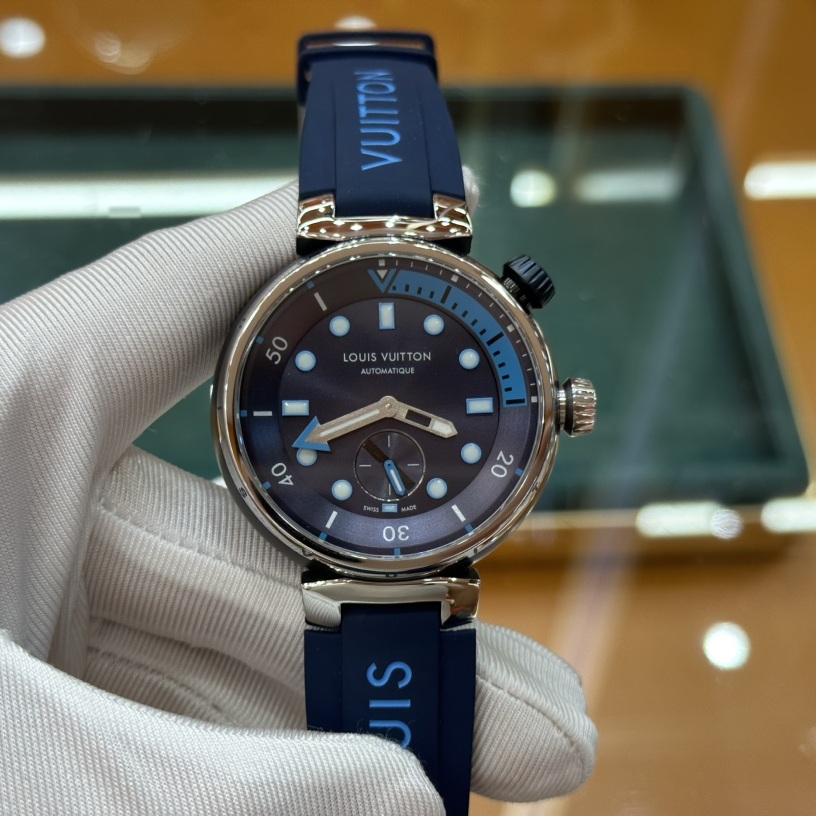 Louis Vuitton Tambour Style Automatic Watch, Blue Dial Stainless Steel Case Rubber Strap 100m WR
