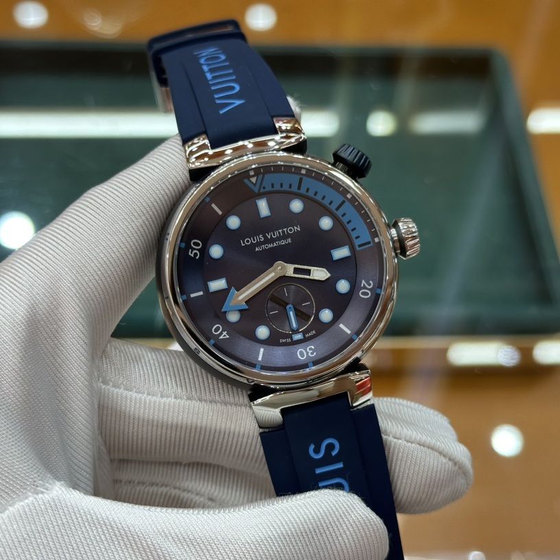 Louis Vuitton Tambour Style Automatic Watch, Blue Dial Stainless Steel Case Rubber Strap 100m WR
