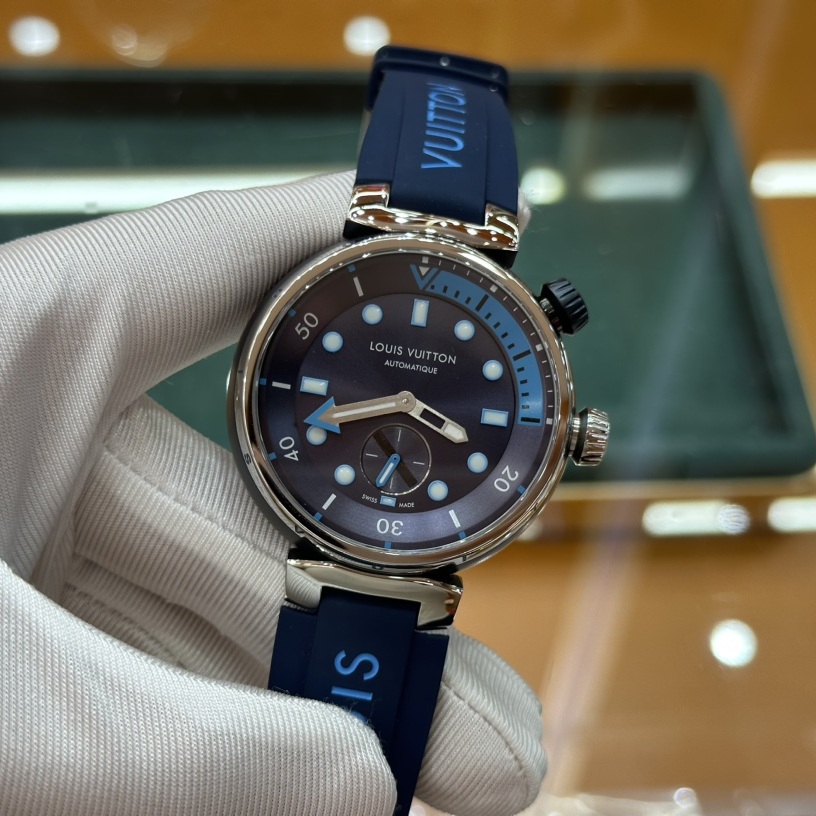 Louis Vuitton Tambour Style Automatic Watch, Blue Dial Stainless Steel Case Rubber Strap 100m WR