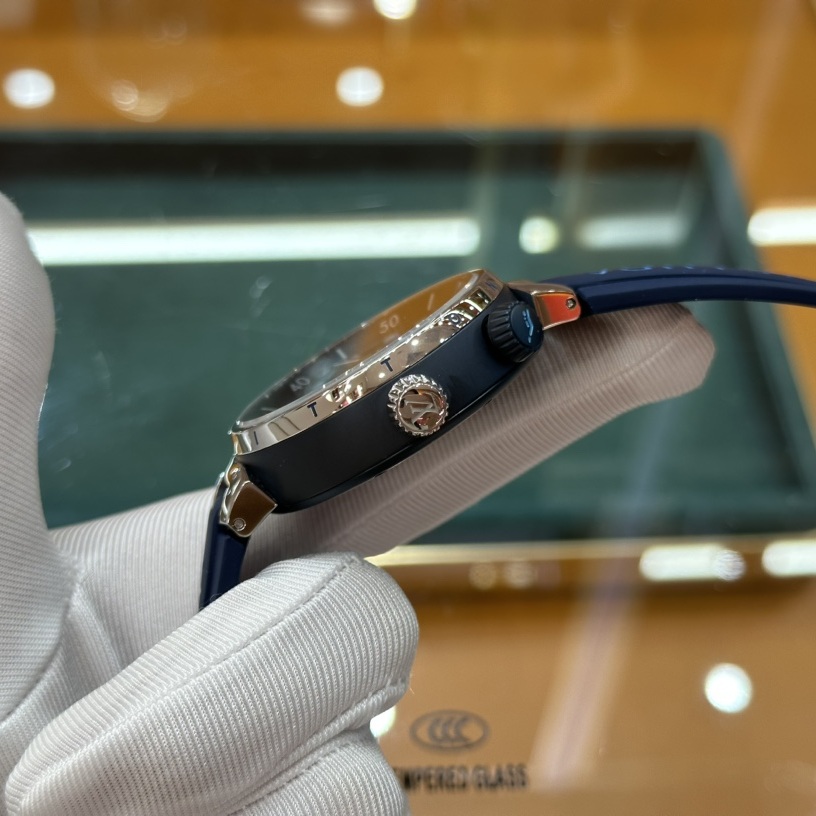 Louis Vuitton Tambour Style Automatic Watch, Blue Dial Stainless Steel Case Rubber Strap 100m WR