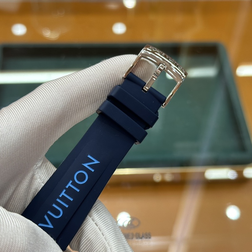 Louis Vuitton Tambour Style Automatic Watch, Blue Dial Stainless Steel Case Rubber Strap 100m WR