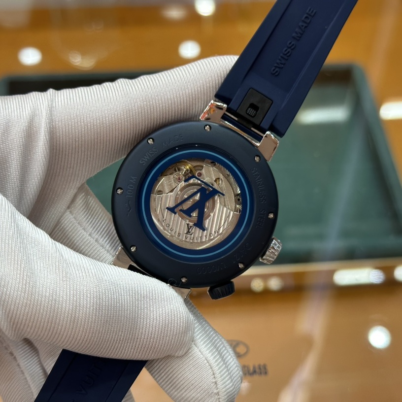 Louis Vuitton Tambour Style Automatic Watch, Blue Dial Stainless Steel Case Rubber Strap 100m WR