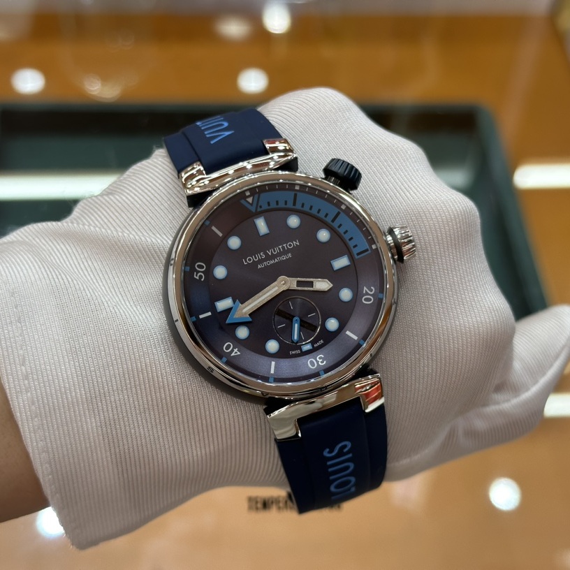 Louis Vuitton Tambour Style Automatic Watch, Blue Dial Stainless Steel Case Rubber Strap 100m WR