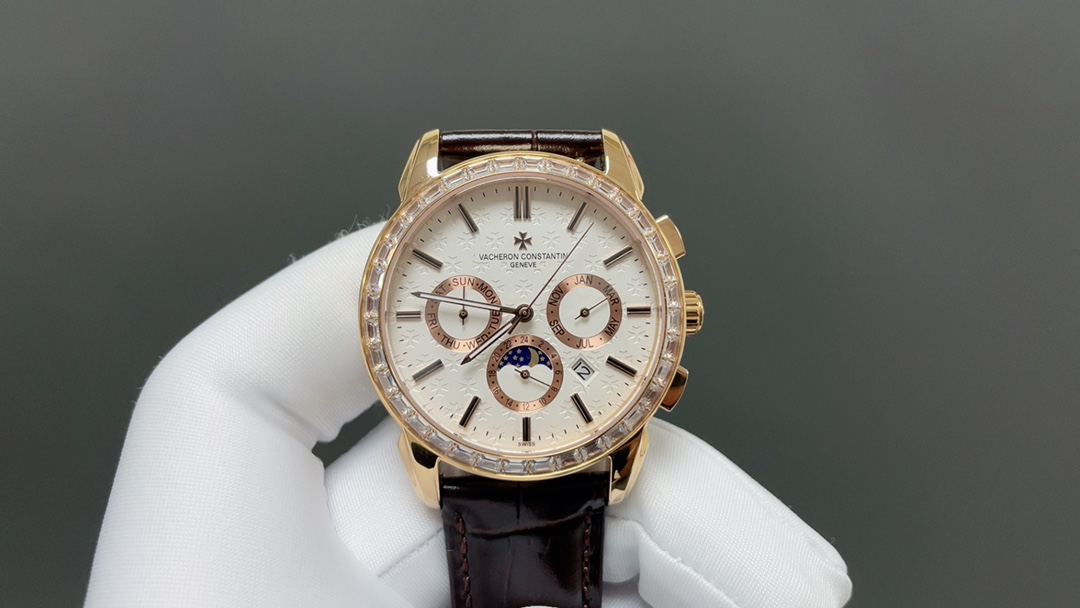 Vacheron Constantin Automatic Watch, White Dial Diamond Index Rose Gold Case Leather Strap 30m WR