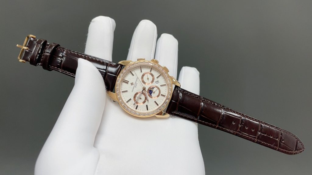 Vacheron Constantin Automatic Watch, White Dial Diamond Index Rose Gold Case Leather Strap 30m WR
