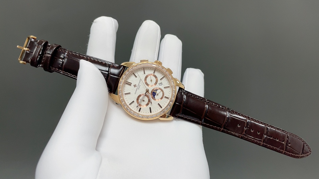 Vacheron Constantin Automatic Watch, White Dial Diamond Index Rose Gold Case Leather Strap 30m WR