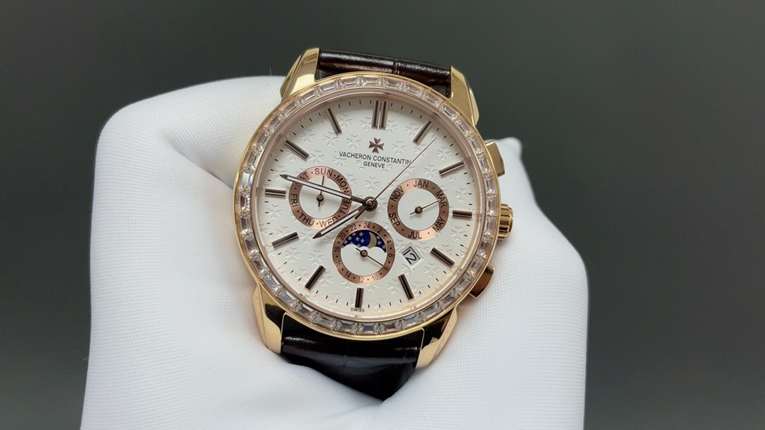 Vacheron Constantin Automatic Watch, White Dial Diamond Index Rose Gold Case Leather Strap 30m WR