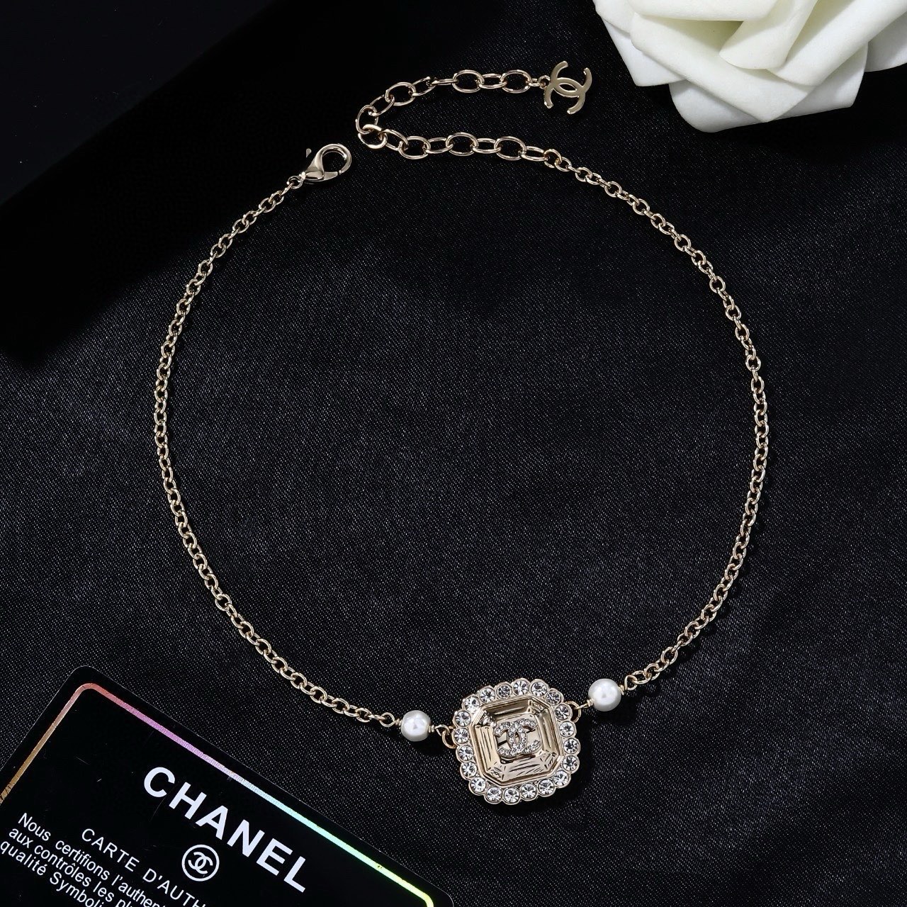 Chanel Necklace Metal, Crystal, Pearl Chanel Logo Pendant Necklace Pendant Necklace Chain with