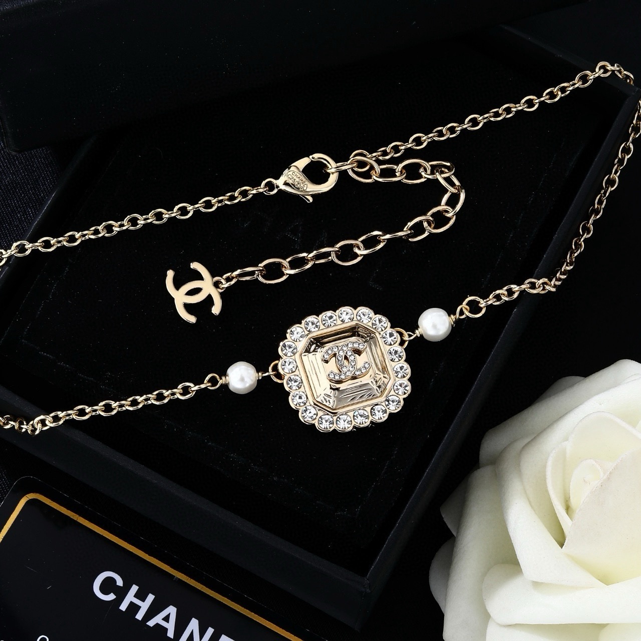 Chanel Necklace Metal, Crystal, Pearl Chanel Logo Pendant Necklace Pendant Necklace Chain with