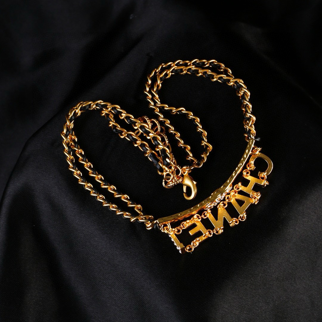 Chanel Necklace Gold-tone metal, Rhinestones Love Logo Pendant Chain Necklace Chain with pendant