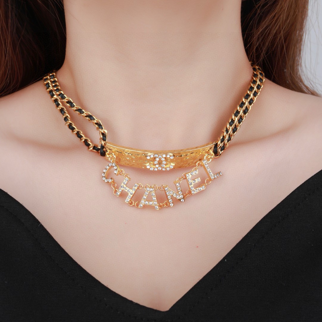Chanel Necklace Gold-tone metal, Rhinestones Love Logo Pendant Chain Necklace Chain with pendant
