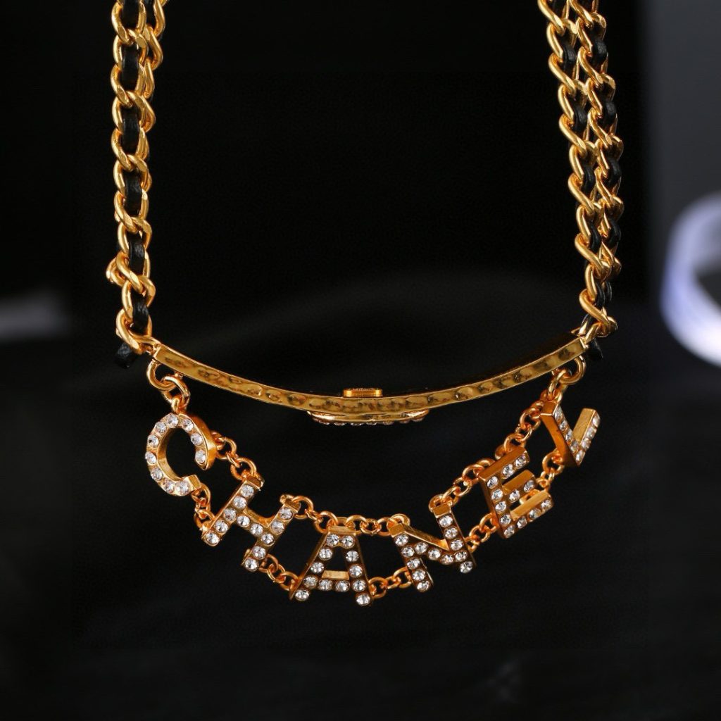 Chanel Necklace Gold-tone metal, Rhinestones Love Logo Pendant Chain Necklace Chain with pendant