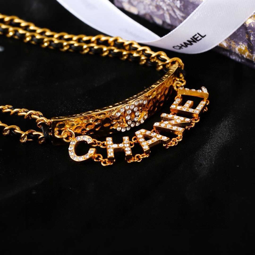 Chanel Necklace Gold-tone metal, Rhinestones Love Logo Pendant Chain Necklace Chain with pendant