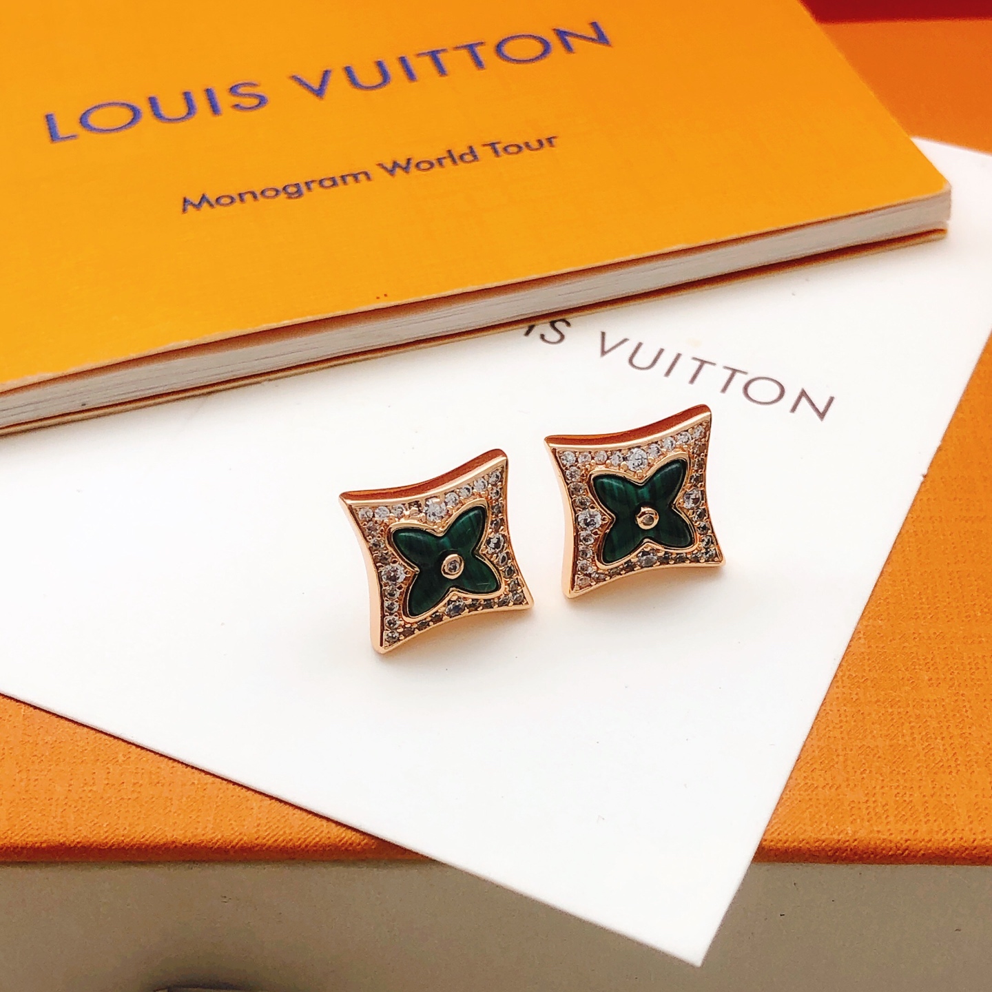 Louis Vuitton Monogram World Tour Earrings Gold-tone metal, Green Enamel, Crystals Stud Earrings