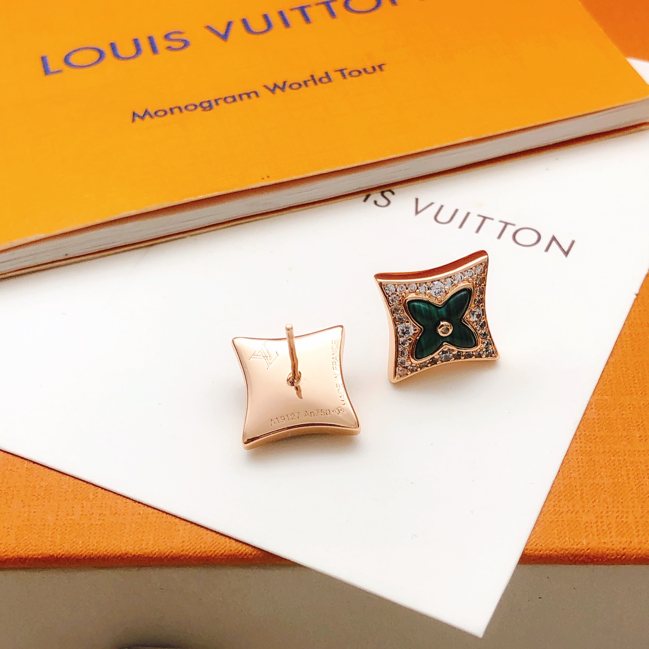 Louis Vuitton Monogram World Tour Earrings Gold-tone metal, Green Enamel, Crystals Stud Earrings