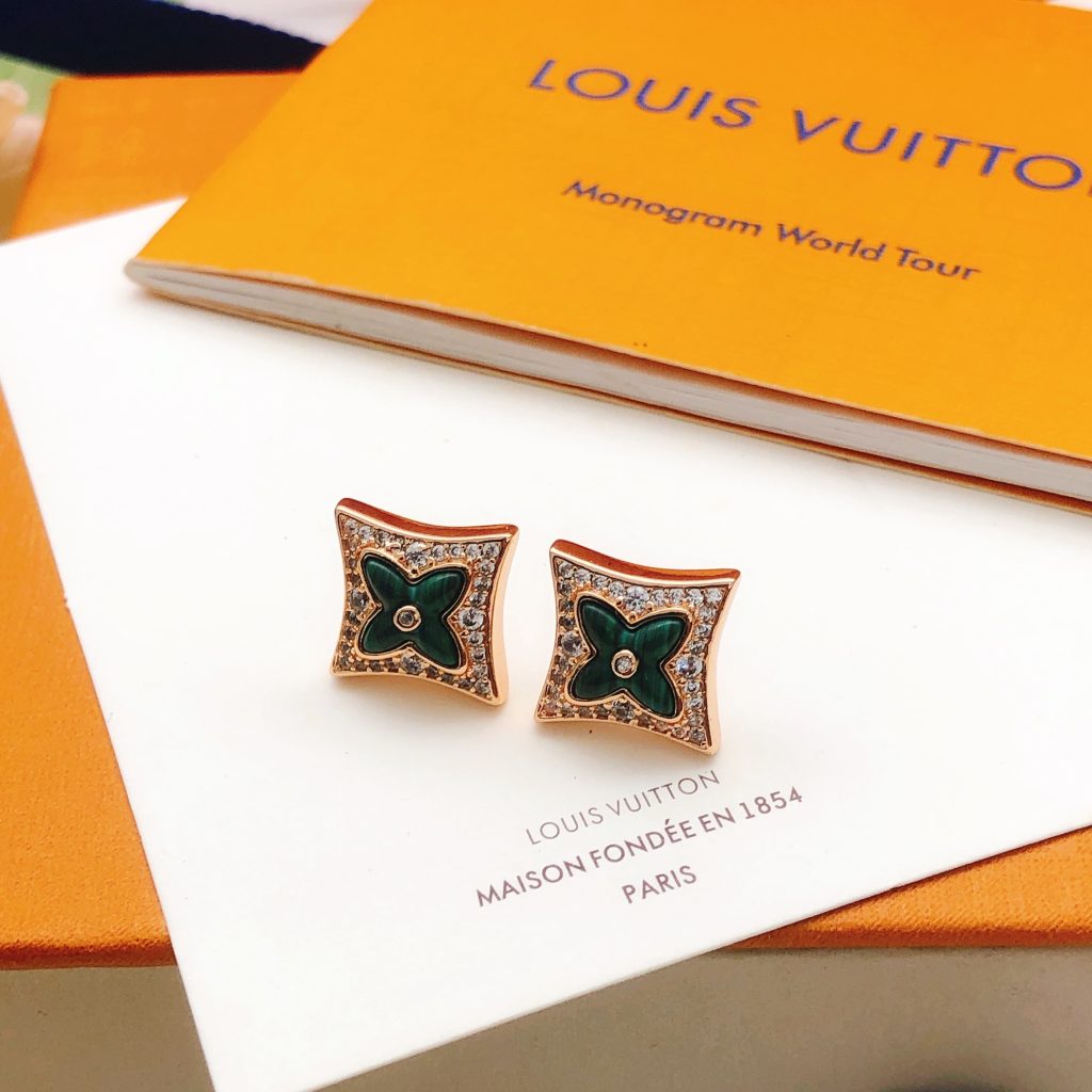 Louis Vuitton Monogram World Tour Earrings Gold-tone metal, Green Enamel, Crystals Stud Earrings