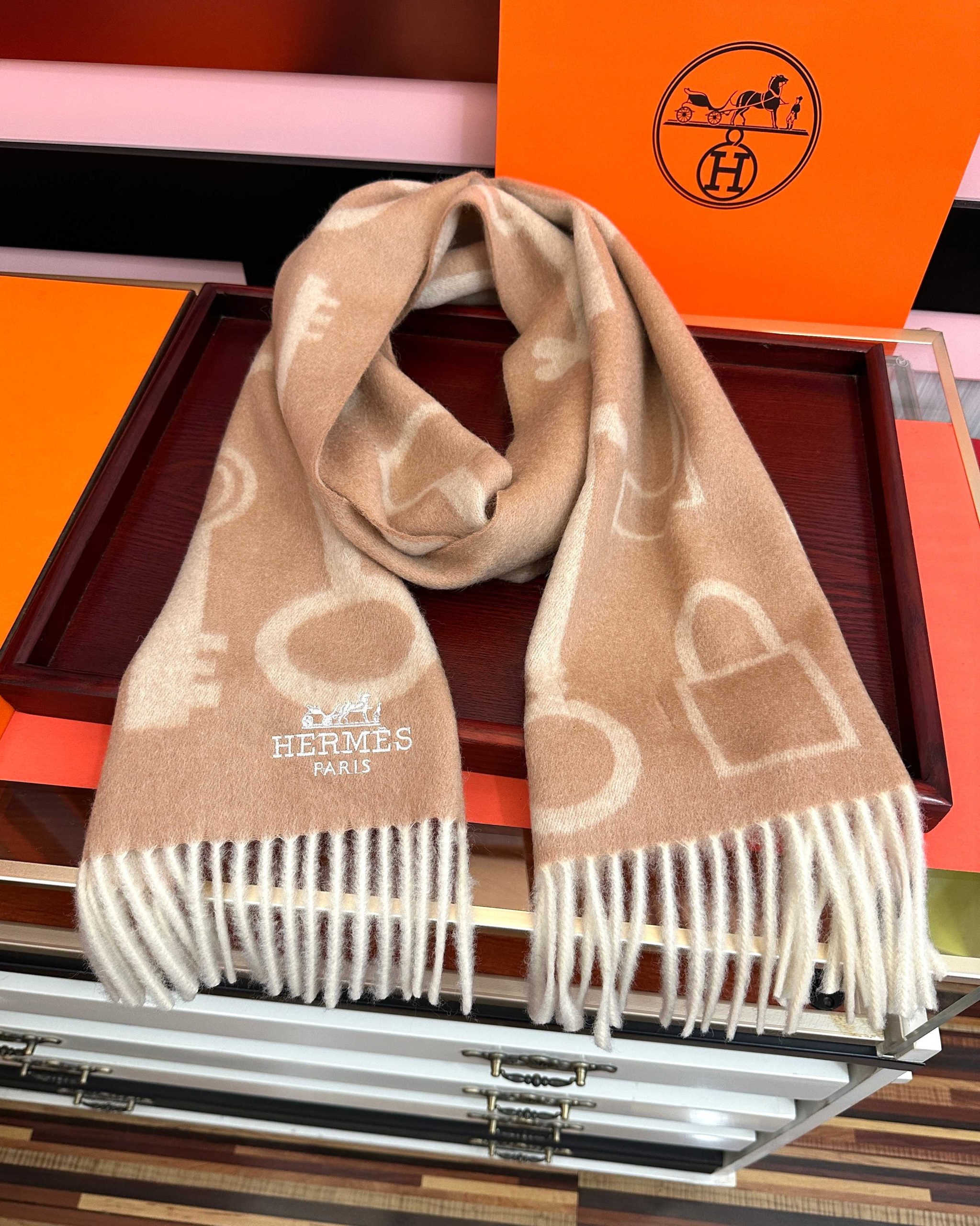 Hermès Scarf Cashmere Rectangular Fringed Edge