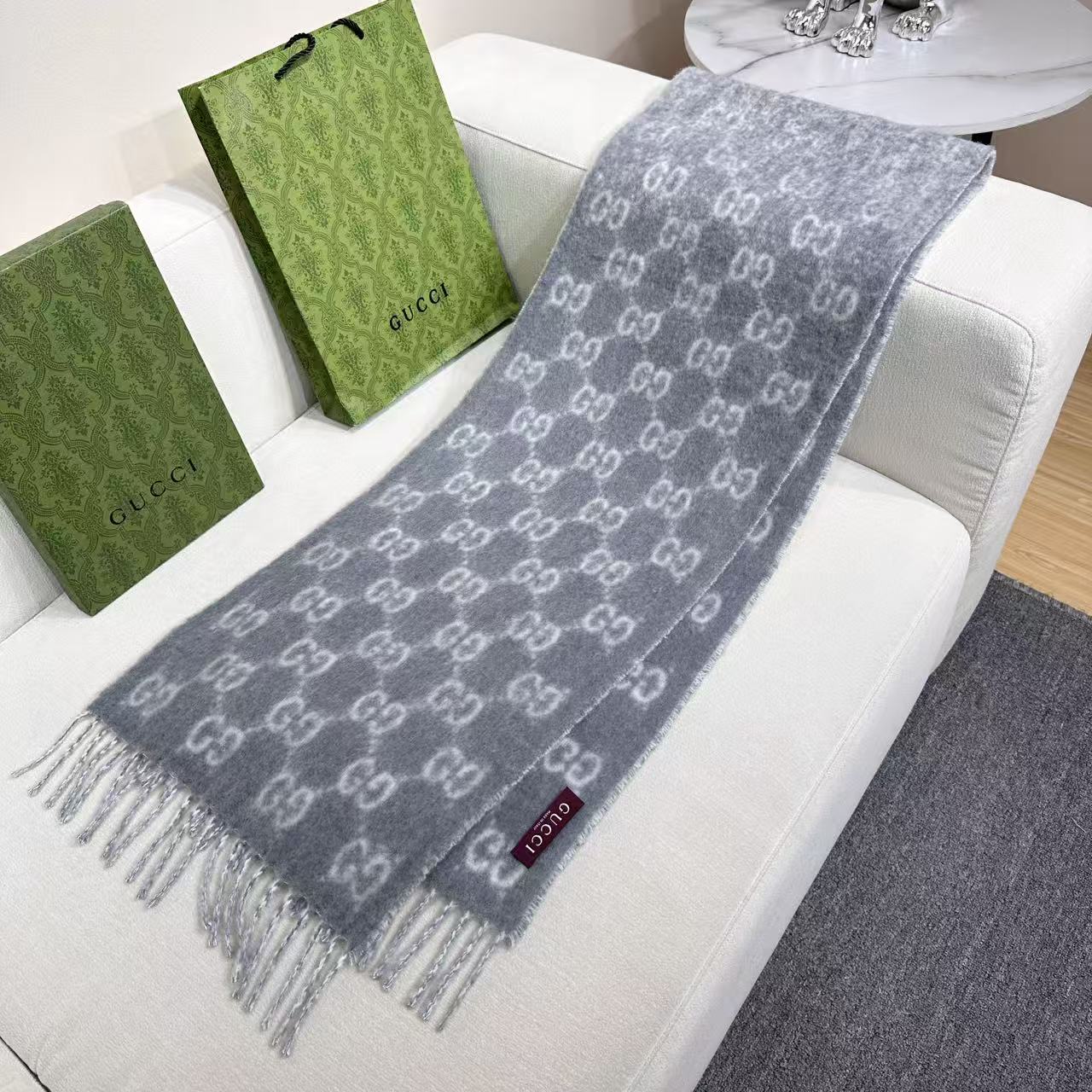 Gucci GG Monogram Scarf Alpaca Wool Blend Fringed Edge 200CM x 37CM
