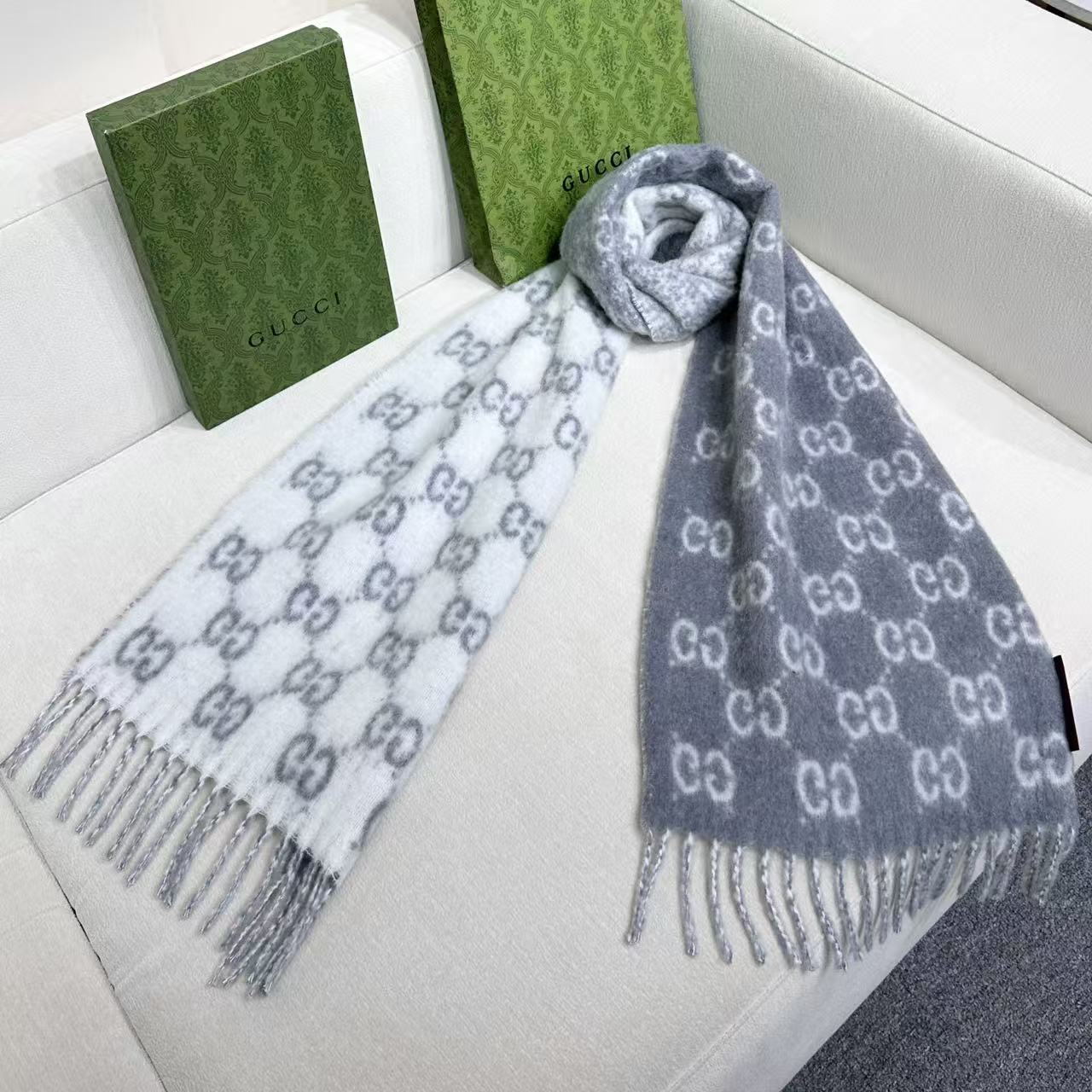 Gucci GG Monogram Scarf Alpaca Wool Blend Fringed Edge 200CM x 37CM