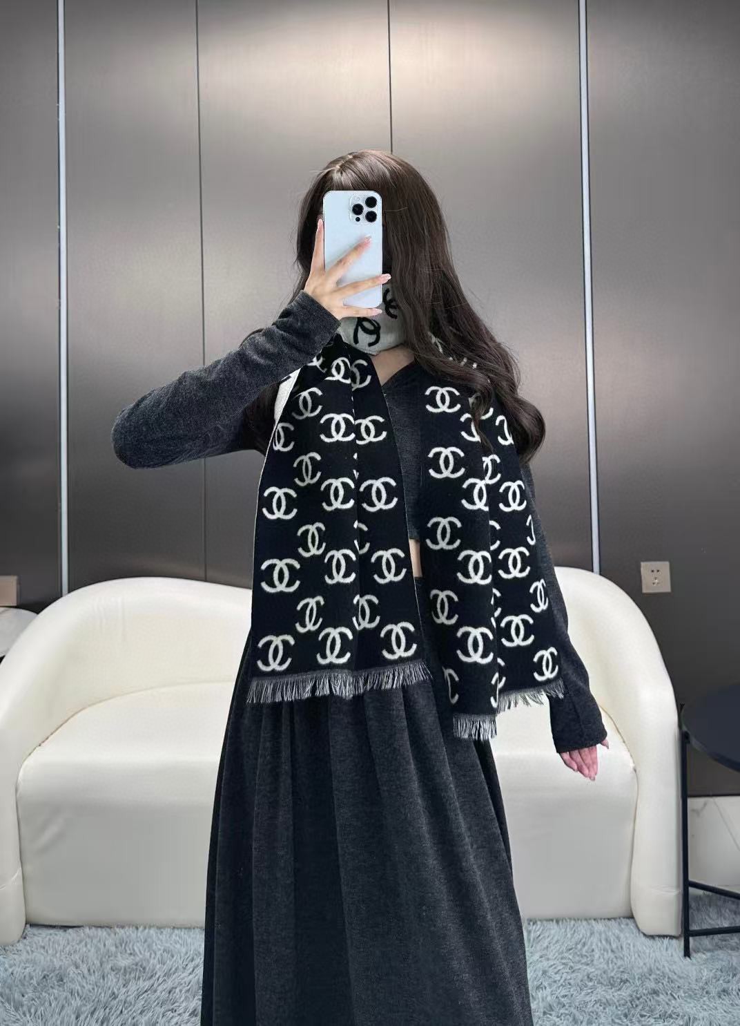 Chanel Classic Logo Reversible Scarf Wool Cashmere Blend Fringed Edge 180CM x 35CM