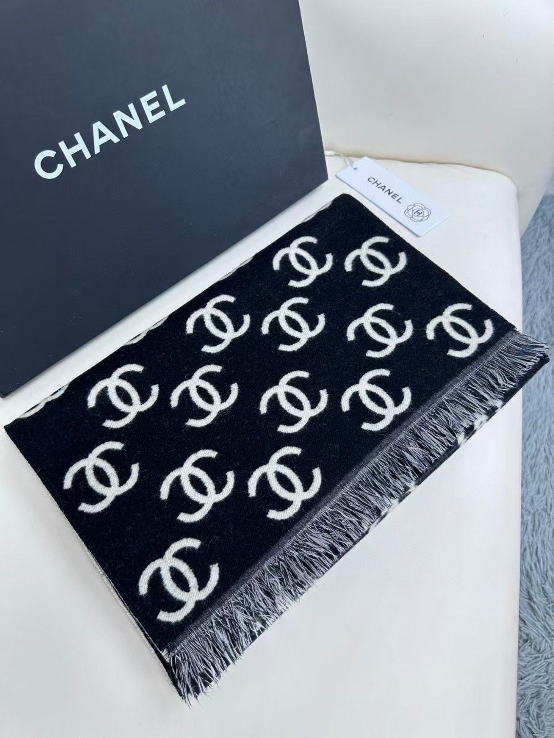 Chanel Classic Logo Reversible Scarf Wool Cashmere Blend Fringed Edge 180CM x 35CM