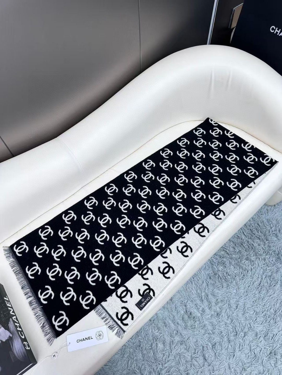 Chanel Classic Logo Reversible Scarf Wool Cashmere Blend Fringed Edge 180CM x 35CM