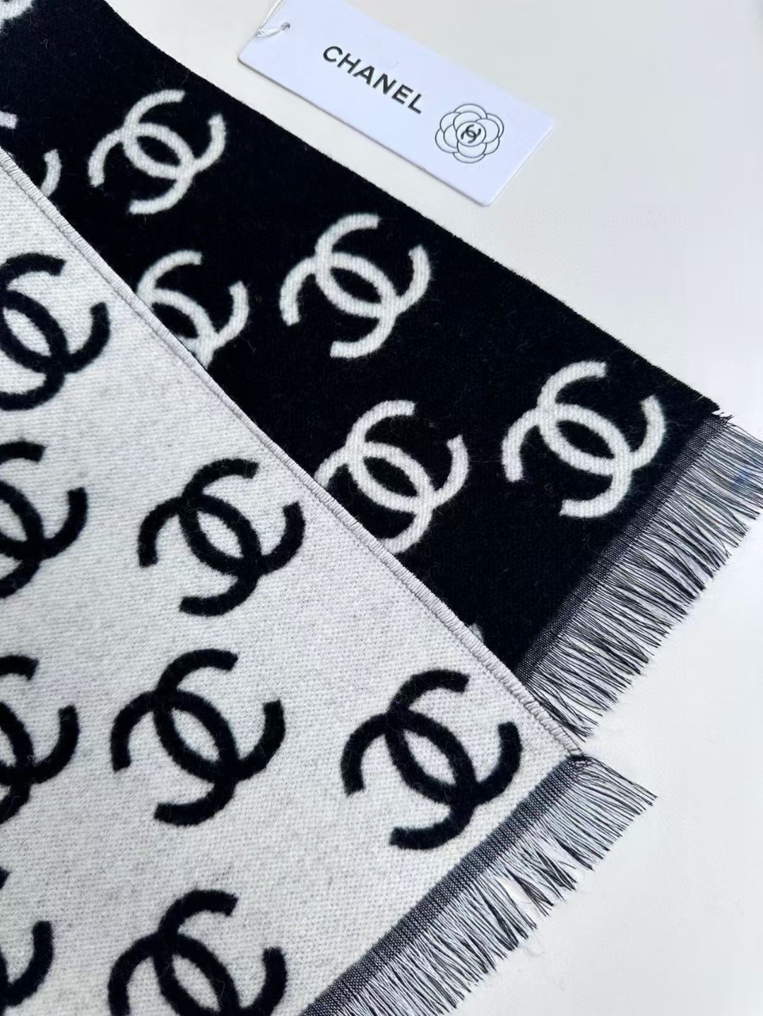 Chanel Classic Logo Reversible Scarf Wool Cashmere Blend Fringed Edge 180CM x 35CM