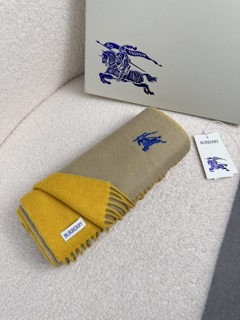 Burberry Equestrian Knight Reversible Cashmere Scarf Embroidered Logo Fringed Edge 30CM x 180CM