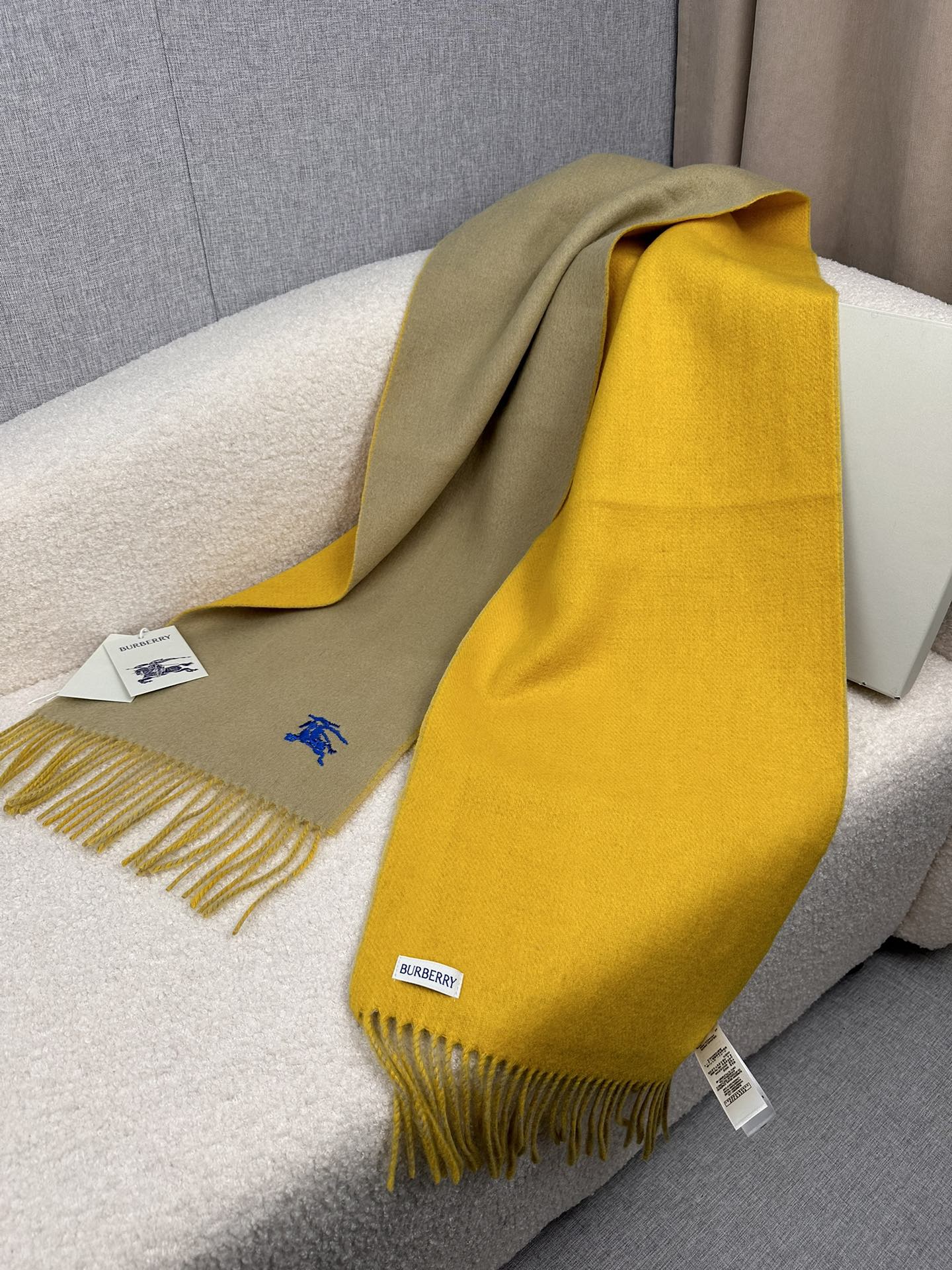 Burberry Equestrian Knight Reversible Cashmere Scarf Embroidered Logo Fringed Edge 30CM x 180CM