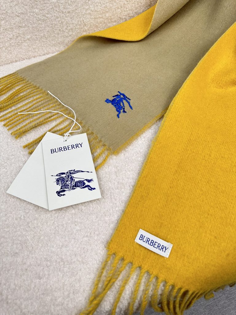 Burberry Equestrian Knight Reversible Cashmere Scarf Embroidered Logo Fringed Edge 30CM x 180CM