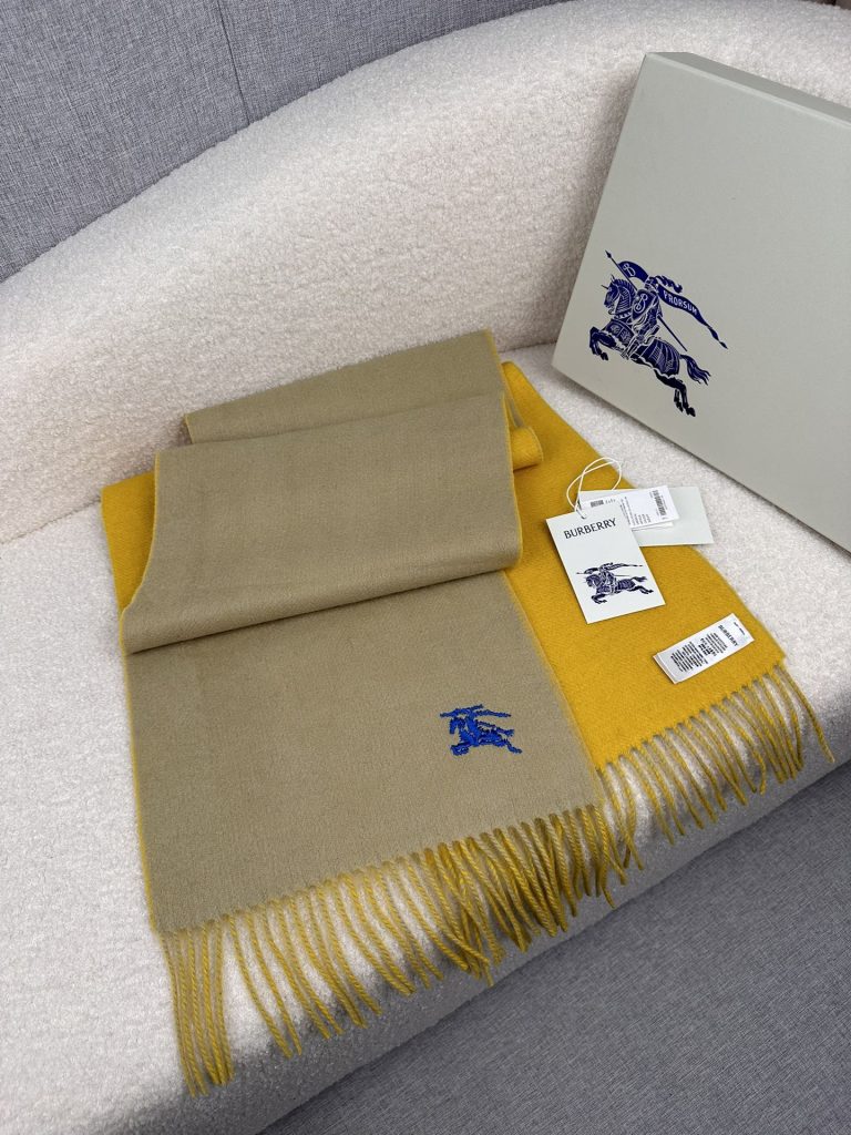 Burberry Equestrian Knight Reversible Cashmere Scarf Embroidered Logo Fringed Edge 30CM x 180CM