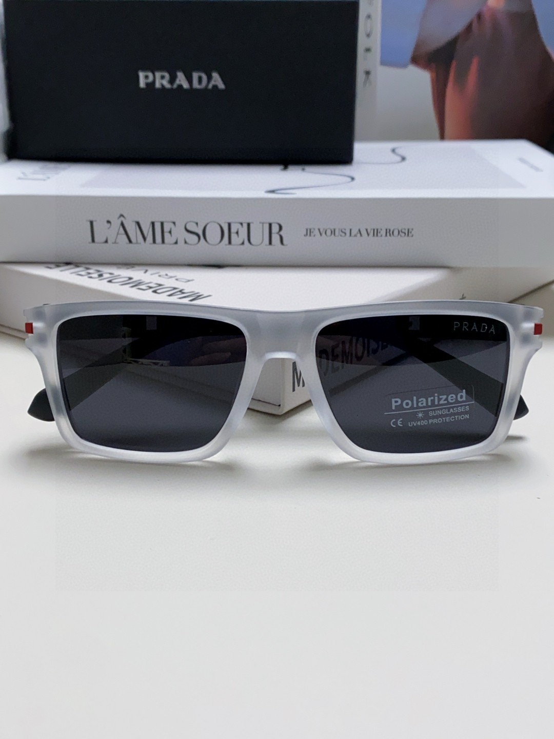 Prada Classic Logo Square Acetate Sunglasses Polarized Lenses Red Temple Logo