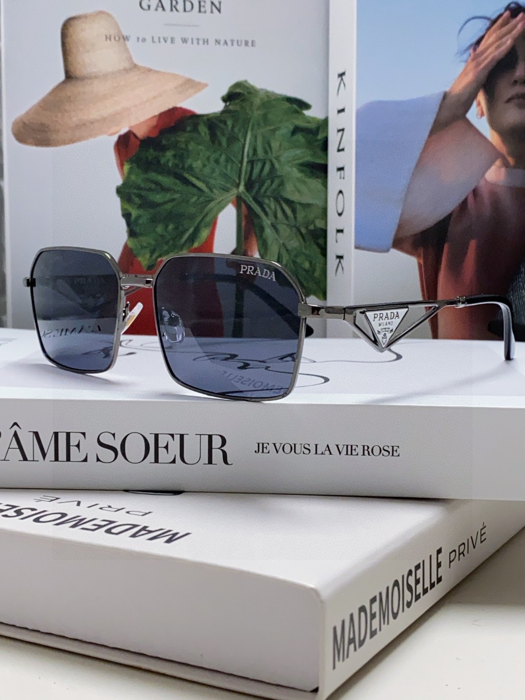 Prada Classic Collection Geometric Metal Sunglasses Double Bridge Triangular Temple Logo