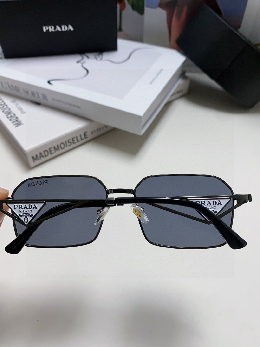Prada Classic Collection Geometric Metal Sunglasses Double Bridge Triangular Temple Logo