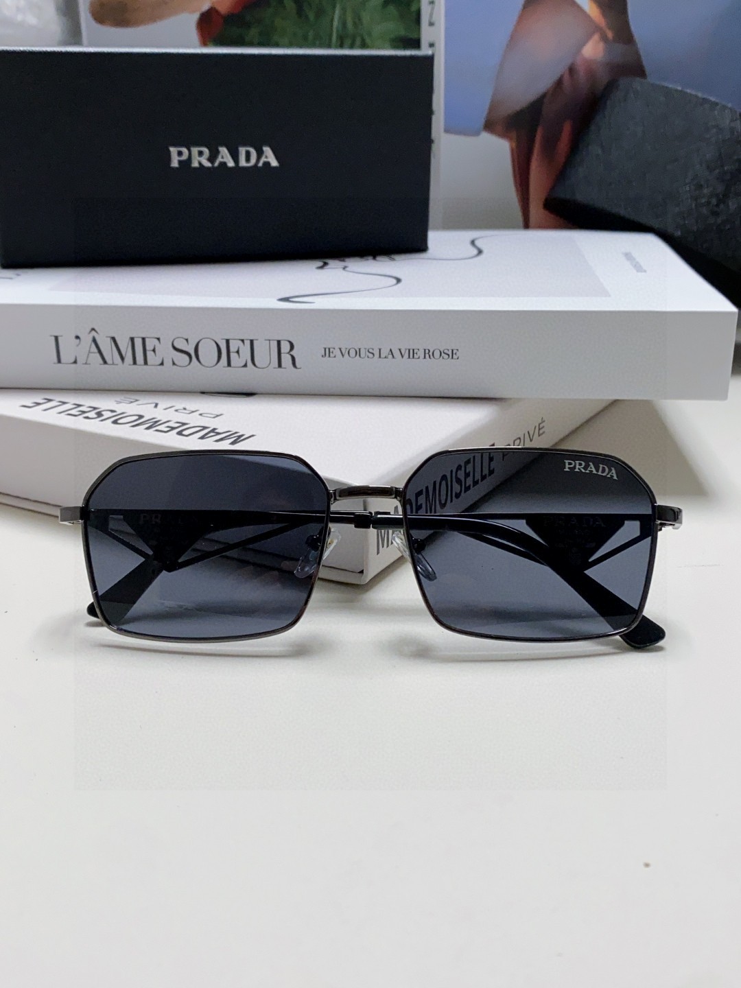 Prada Classic Collection Geometric Metal Sunglasses Double Bridge Triangular Temple Logo