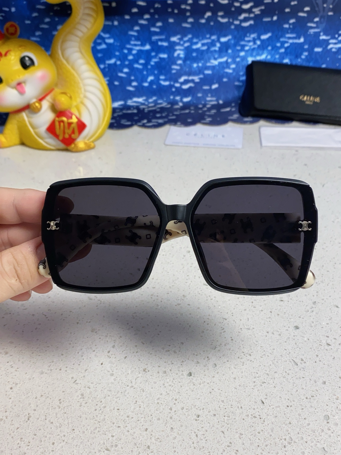 CELINE Triomphe Oversized Square Acetate Sunglasses Rhinestone Temple Logo