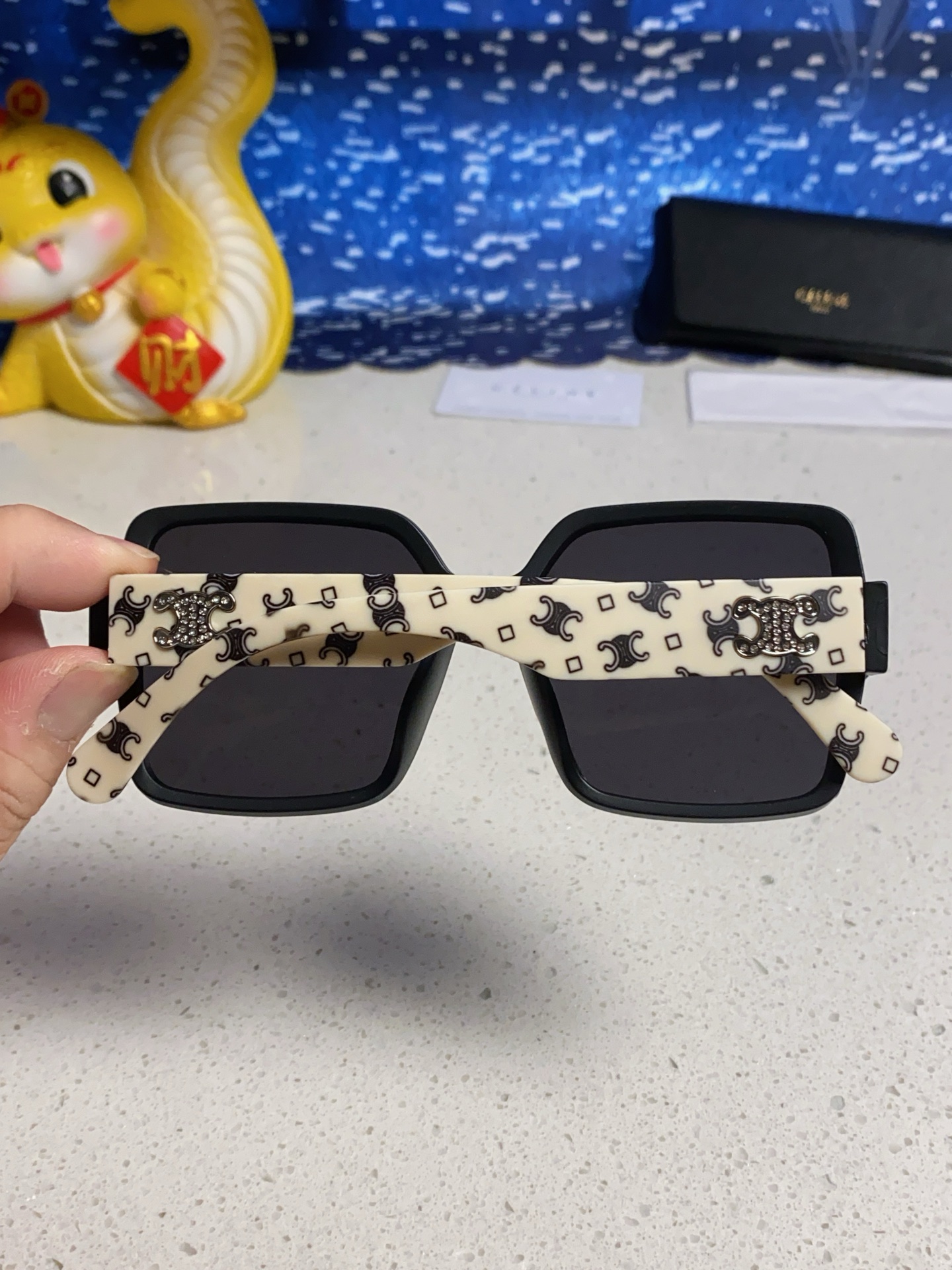 CELINE Triomphe Oversized Square Acetate Sunglasses Rhinestone Temple Logo