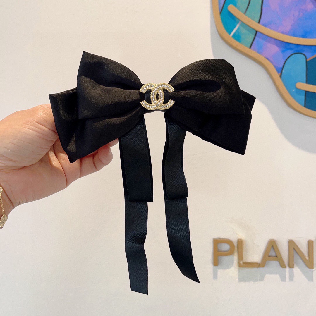 Chanel Satin Bow Hair Accessory Rhinestone CC Logo Metal Claw Clip