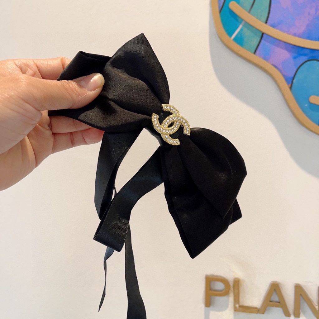 Chanel Satin Bow Hair Accessory Rhinestone CC Logo Metal Claw Clip