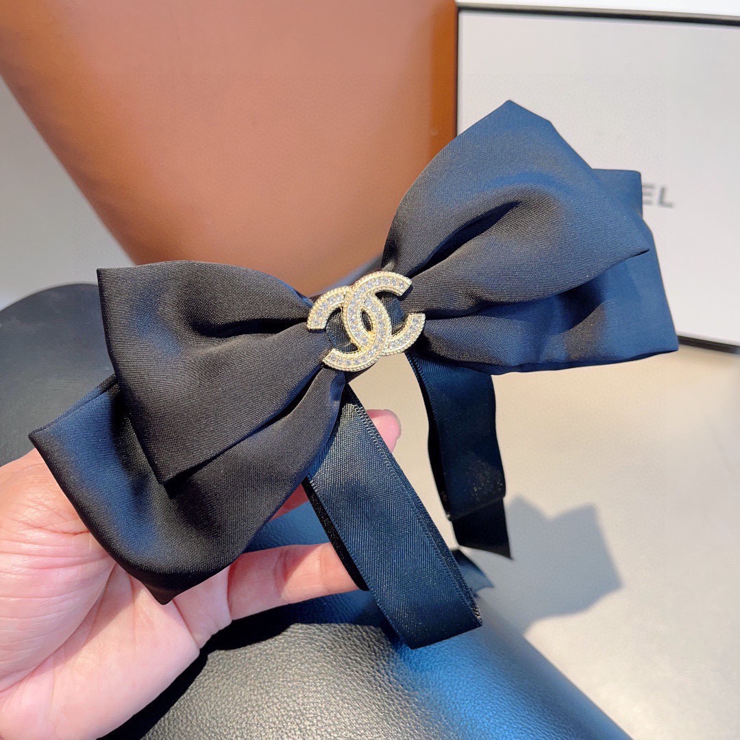 Chanel Satin Bow Hair Accessory Rhinestone CC Logo Metal Claw Clip